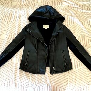Hinge Leather Moto Jacket with Hood Size Small